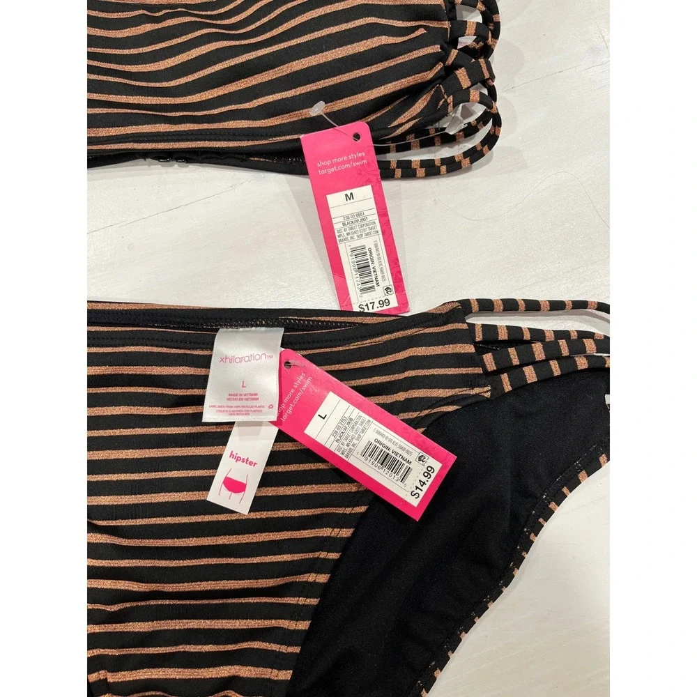 NEW Xhilaration Striped Bikini Set 2 Piece Swimsuit Beach Top‎ M Bottom L - Picture 2 of 6